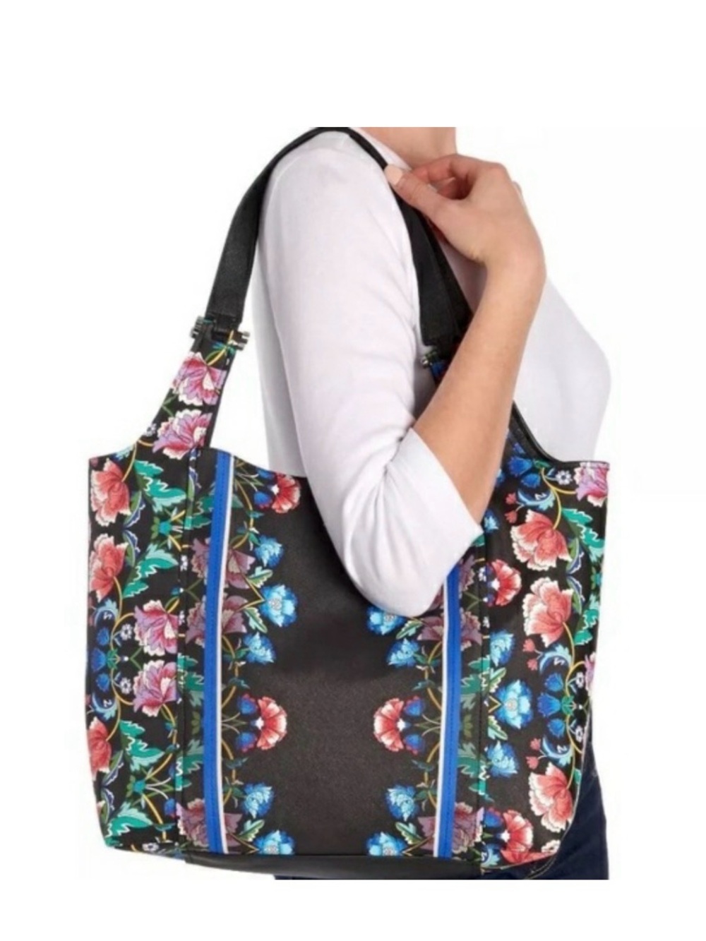 Floral Pattern Black Tote Bag with Blue Accents